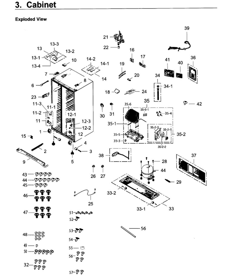 Cabinet Diagram and Parts List for RS25H5121SR AA-0001 Samsung Refrigerator