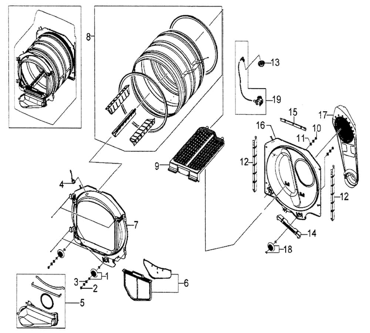 Drum Assy Diagram and Parts List for DV5451AGW XAA Samsung Dryer