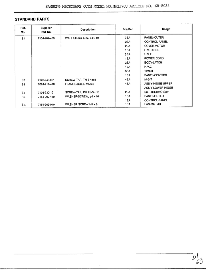 Complete Microwave Assembly Page 6 Diagram and Parts List for MW2170U XAA Samsung Microwave