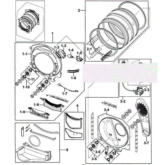 Drum Assembly Diagram and Parts List for DV331AEW XAA-00 Samsung Dryer