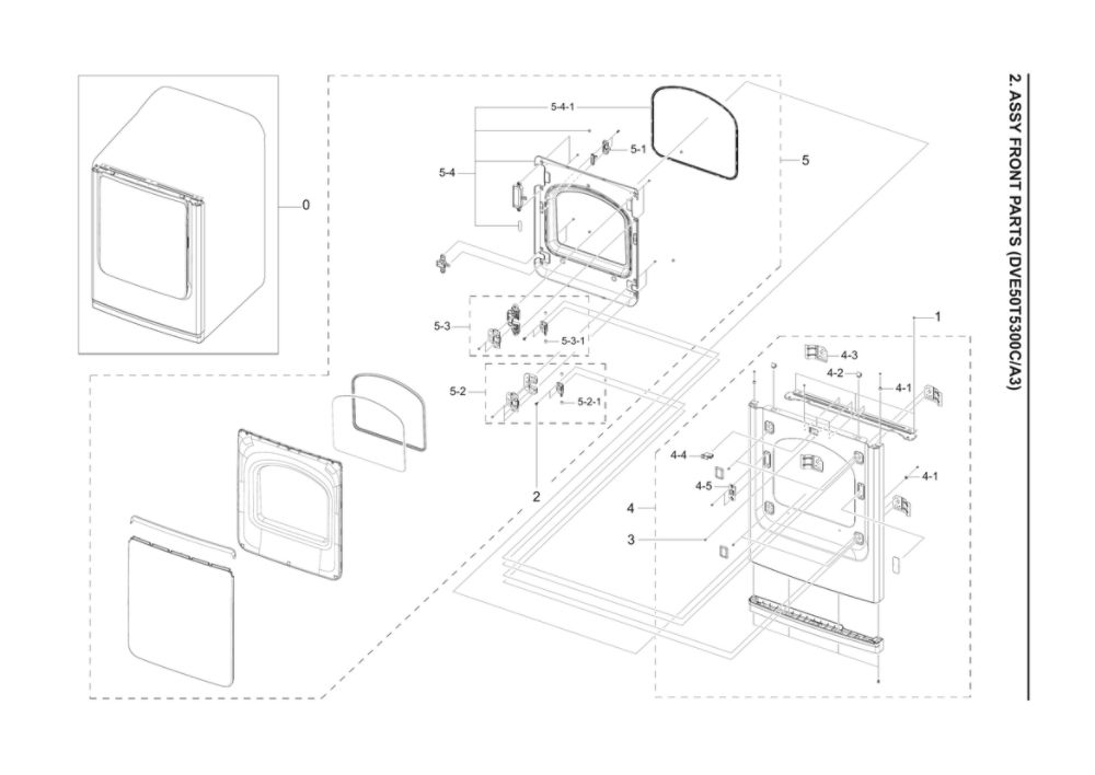 Front Parts Assembly Diagram and Parts List for DVE50T5300C A3-00 Samsung Dryer