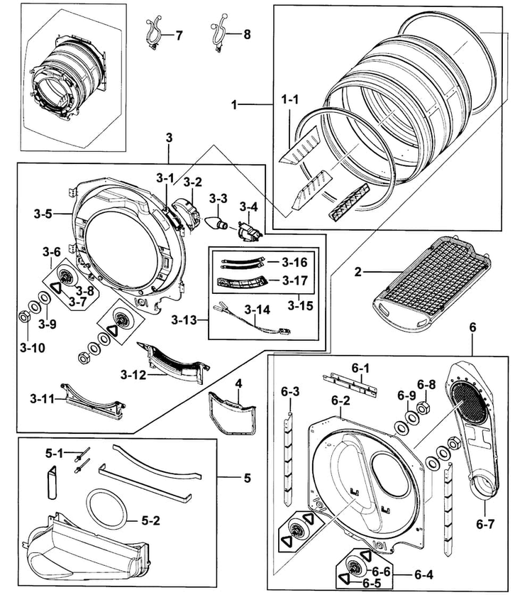 Drum Assy Diagram and Parts List for DV218AEW XAA-0000 Samsung Dryer