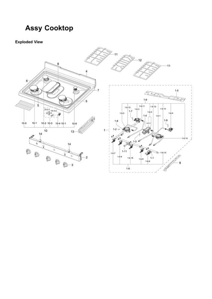 Cooktop Assembly Diagram and Parts List for NX58R4311SG AA-02 Samsung Range