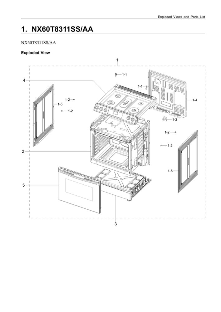 Main Assembly Diagram and Parts List for NX60T8311SS AA-03 Samsung Range