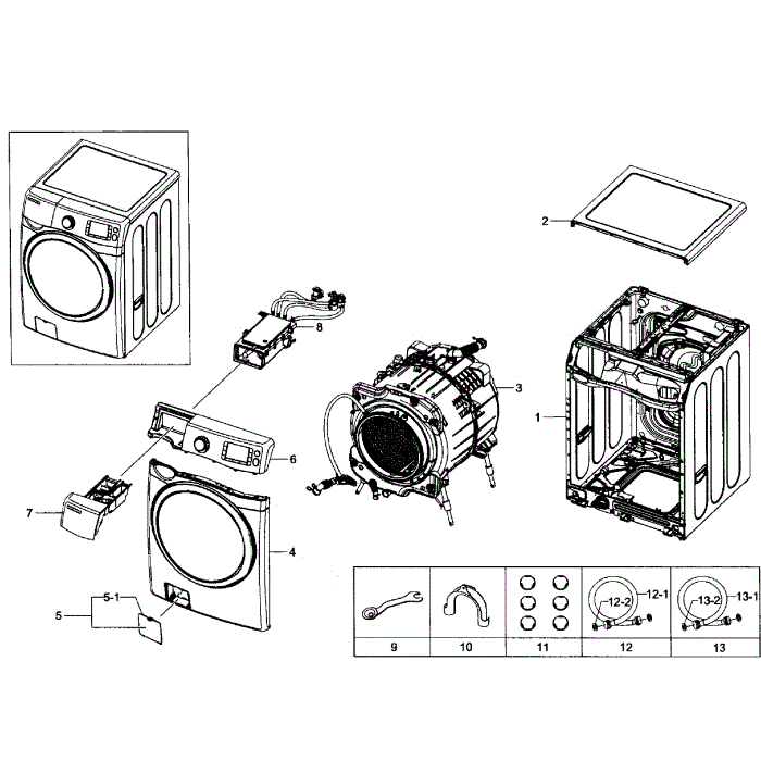 Main Assembly Diagram and Parts List for WF511ABW XAA-02 Samsung Washer