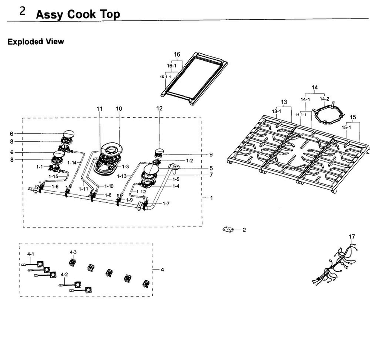 Cooktop Diagram and Parts List for NA36K7750TG AA-0000 Samsung Cooktop