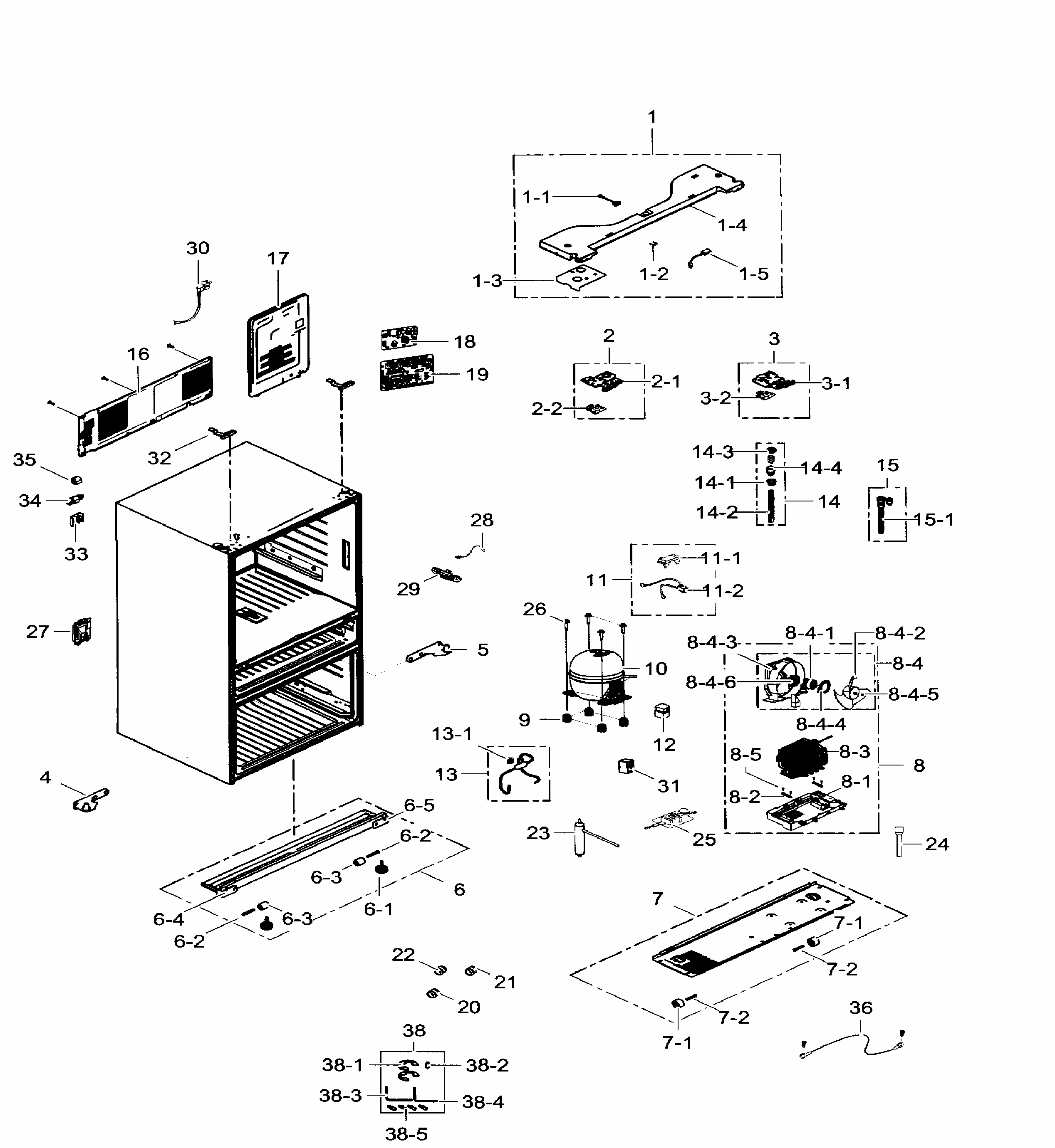 Cabinet Diagram and Parts List for RF31FMEDBWW AA-0002 Samsung Refrigerator