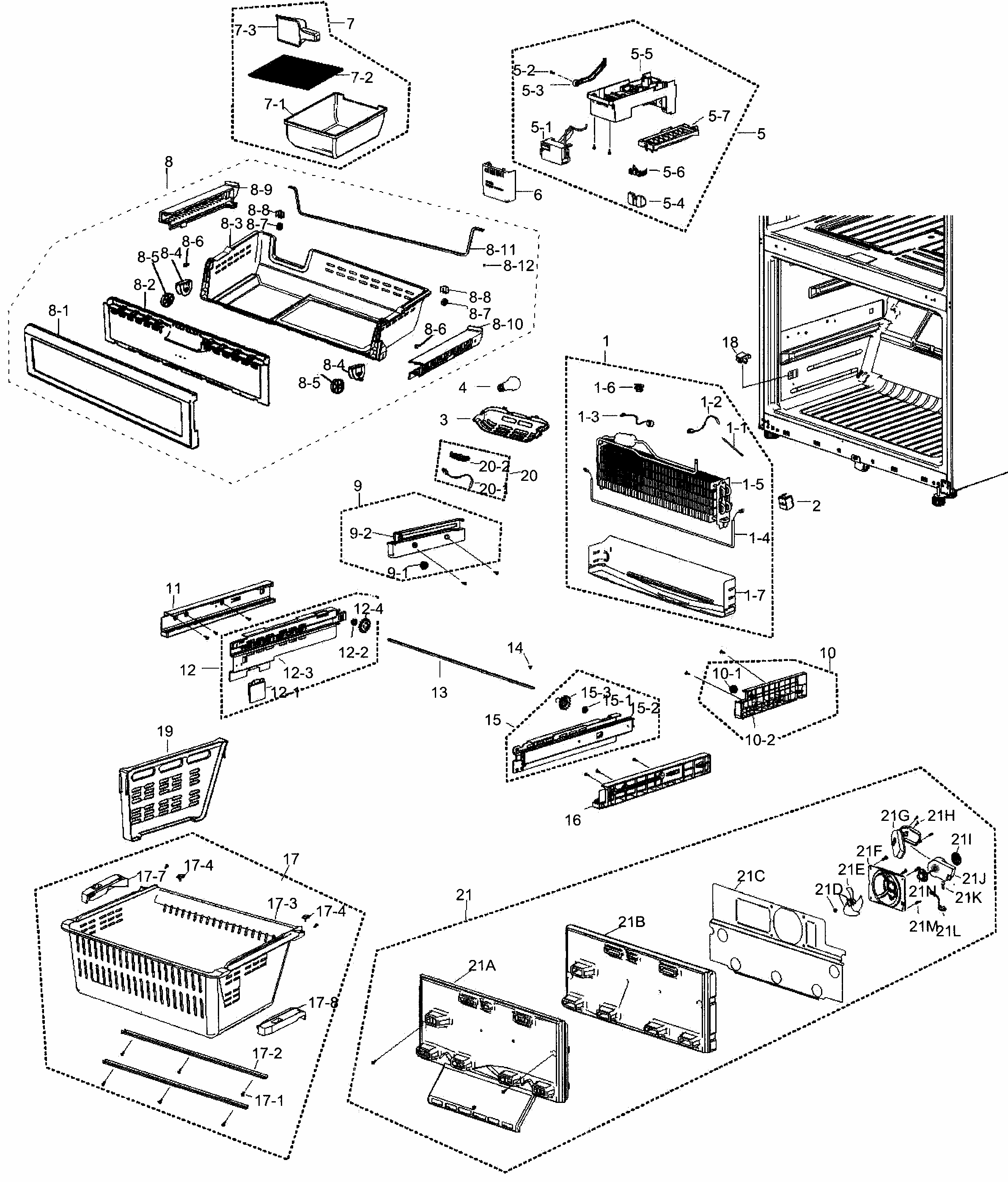 Freezer Assy Diagram and Parts List for RF266AEBP XAA-0000 Samsung Refrigerator