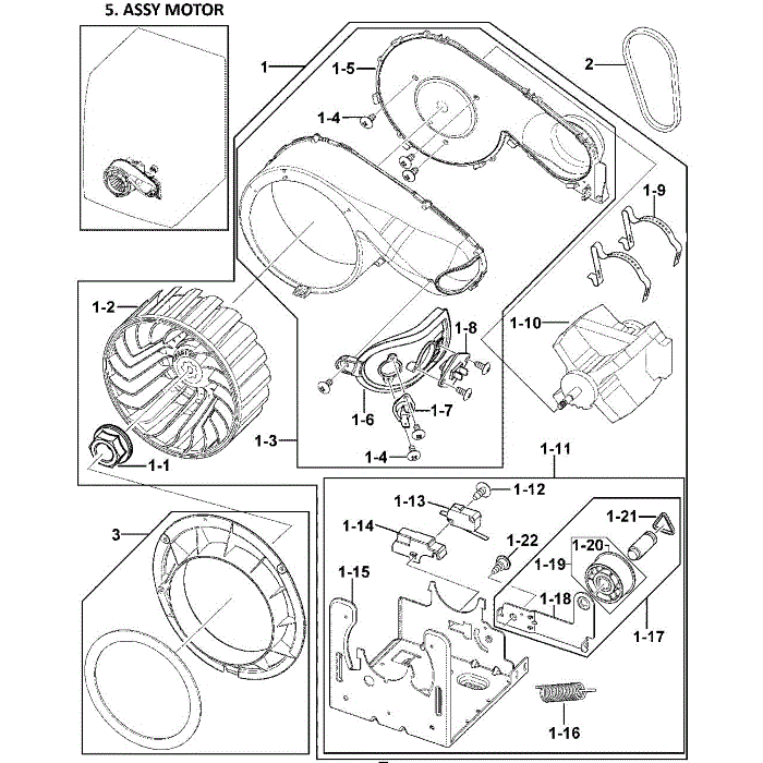 Motor Assembly Diagram and Parts List for DV409AEW XAA-00 Samsung Dryer