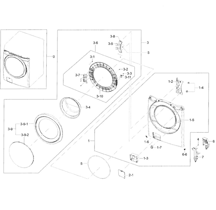 Front/door Assy Diagram and Parts List for WF45H6300AG A2-0000 Samsung Washer