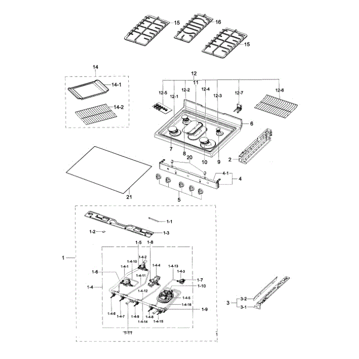 Cook Top Diagram and Parts List for NX58H5600SS AA-00 Samsung Range