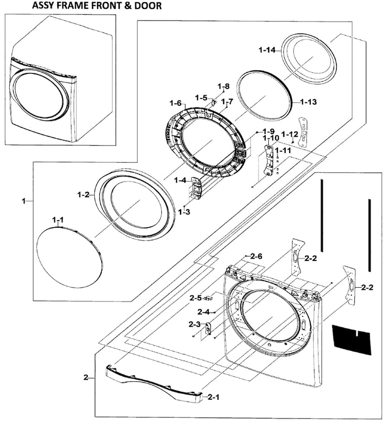 Front/door Assy Diagram and Parts List for DV520AEW XAA-0001 Samsung Dryer