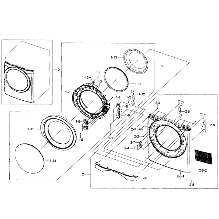 Front/door Assy Diagram and Parts List for DV435GTGJWR A1-0001 Samsung Dryer