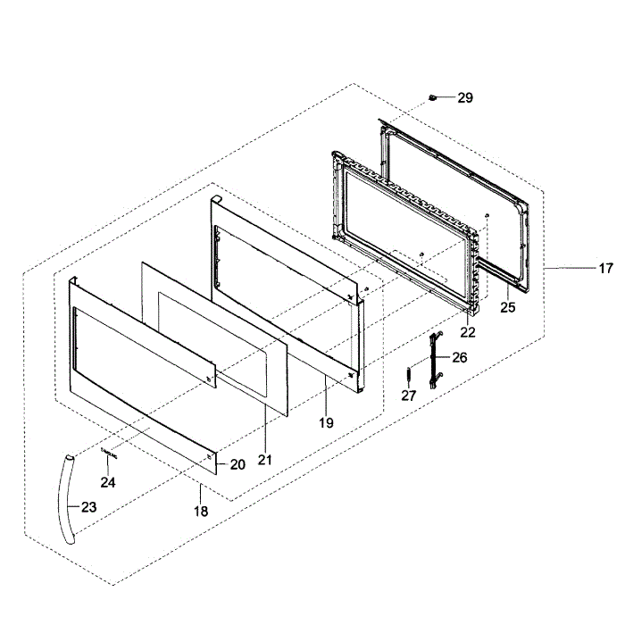 Door Assembly Diagram and Parts List for ME179KFETSR AA-01 Samsung Microwave Oven Combo