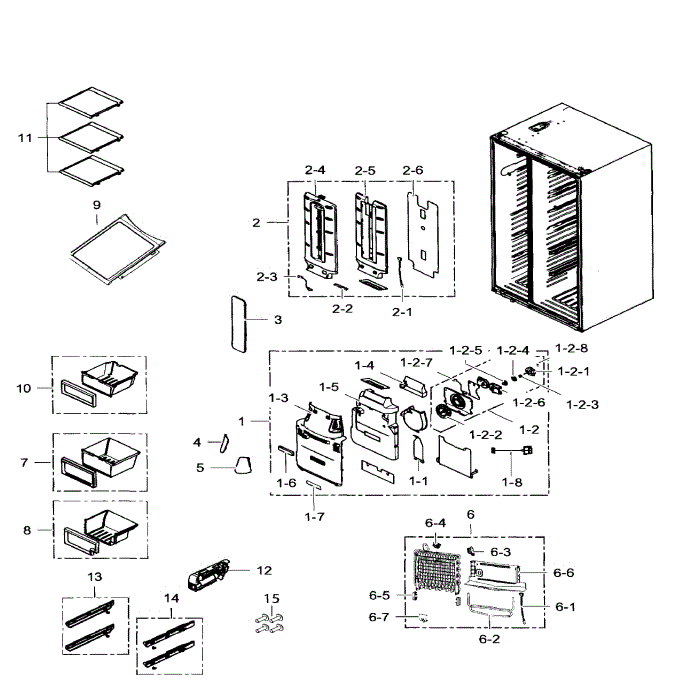 Fridge Diagram and Parts List for RS25H5111SR AA-01 Samsung Refrigerator