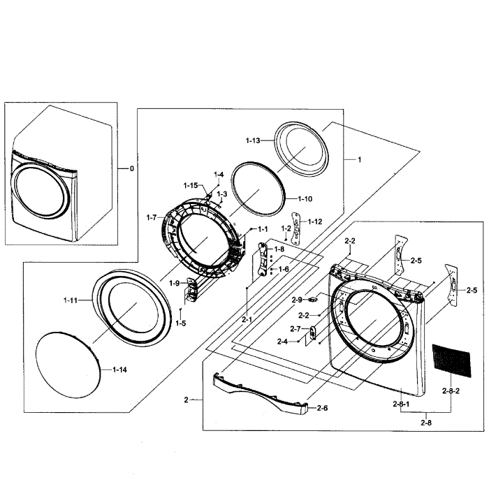 Front Assembly Diagram and Parts List for DV455EVGSWR AA-02 Samsung Dryer