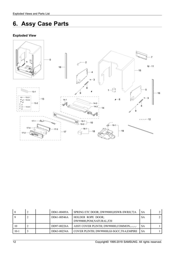 Case Parts Assembly Diagram and Parts List for DW80R9950UG AA-01 Samsung Dishwasher