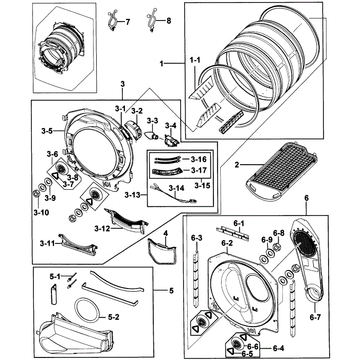 Drum Assembly Diagram and Parts List for DV218AEB XAA-00 Samsung Dryer
