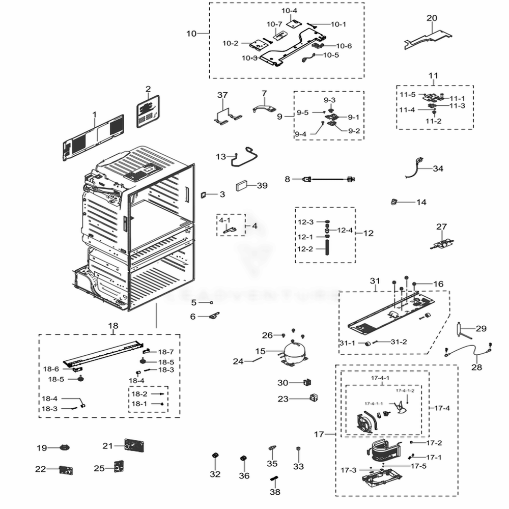 Cabinet 1 Diagram and Parts List for RF28JBEDBSG (AA)(0013) Samsung Refrigerator