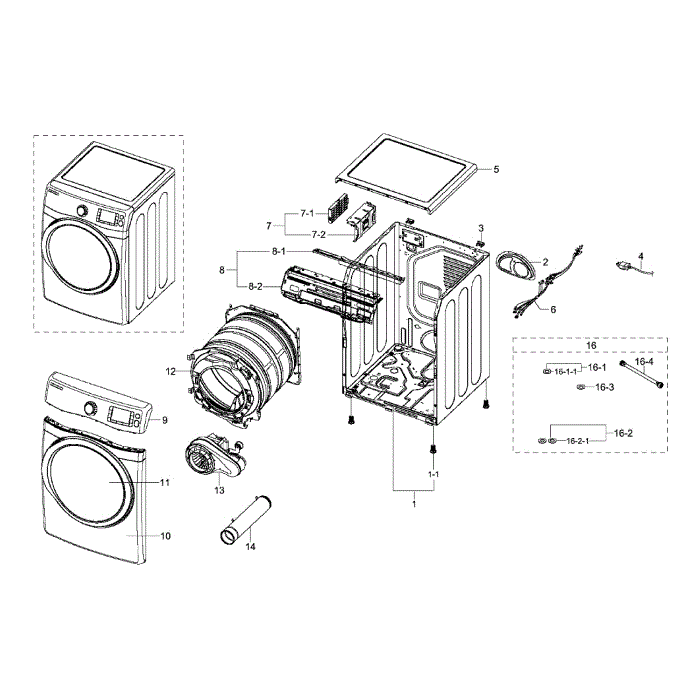 Main Assembly Diagram and Parts List for DV511AGR XAA-02 Samsung Dryer