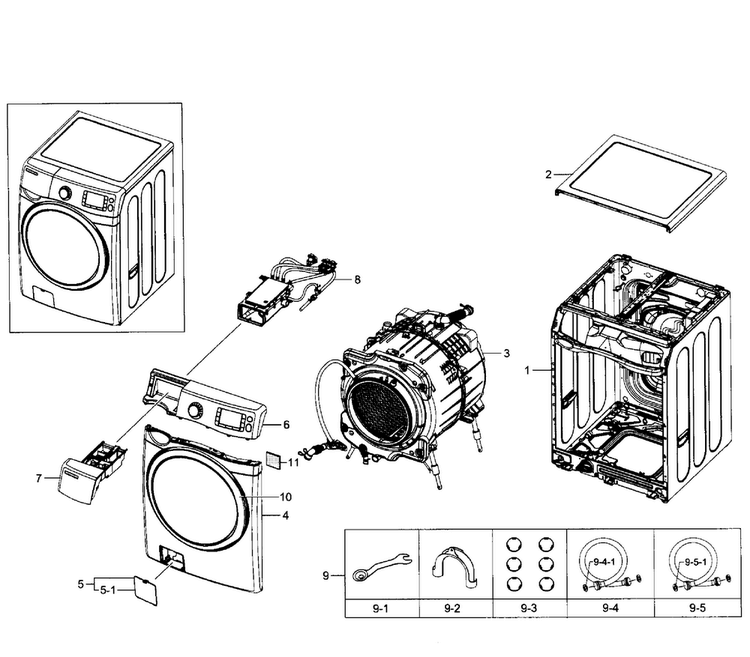 Main Section Diagram and Parts List for WF520ABW XAA-0007 Samsung Washer