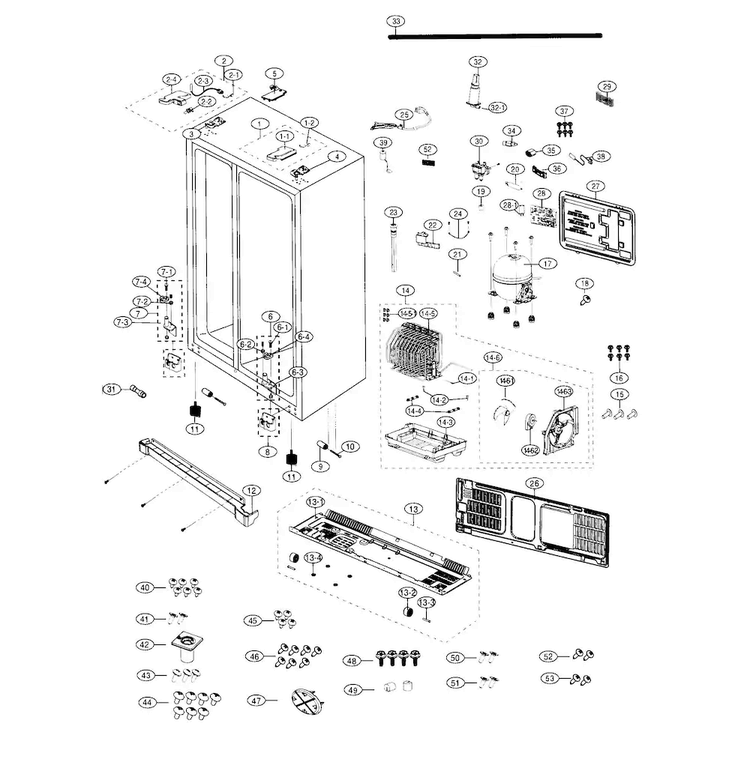 Cabinet Diagram and Parts List for RS25H5000WW AA-0001 Samsung Refrigerator