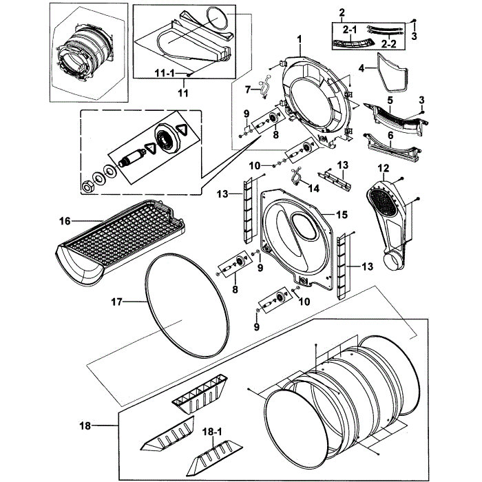 Drum Assembly Diagram and Parts List for DV2C6BEW XAA-00 Samsung Dryer