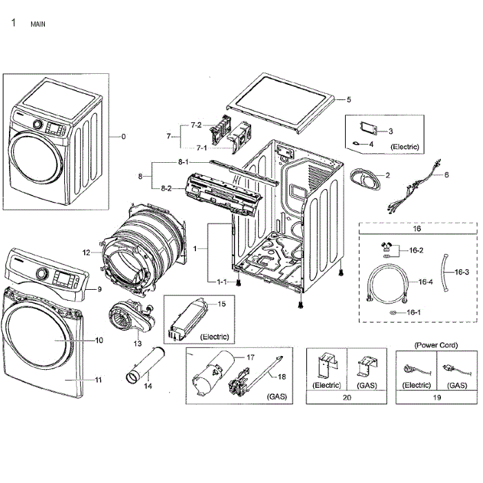 Main Assembly Diagram and Parts List for DV42H5000GW A3-01 Samsung Dryer