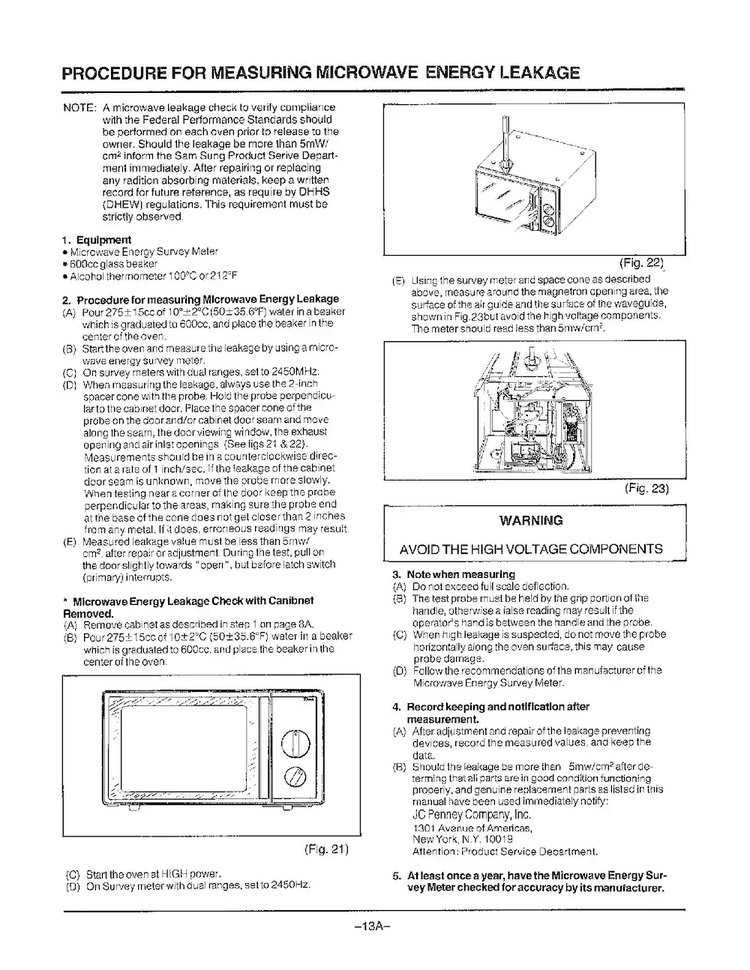 Procedure For Microwave Leakage Diagram and Parts List for MW2030U XAA Samsung Microwave