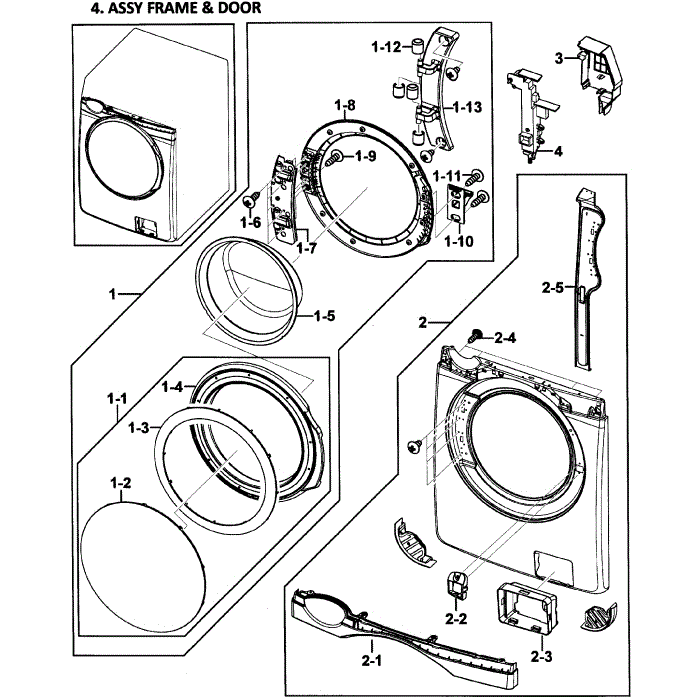Door Assembly Diagram and Parts List for WF419AAU XAA-00 Samsung Washer