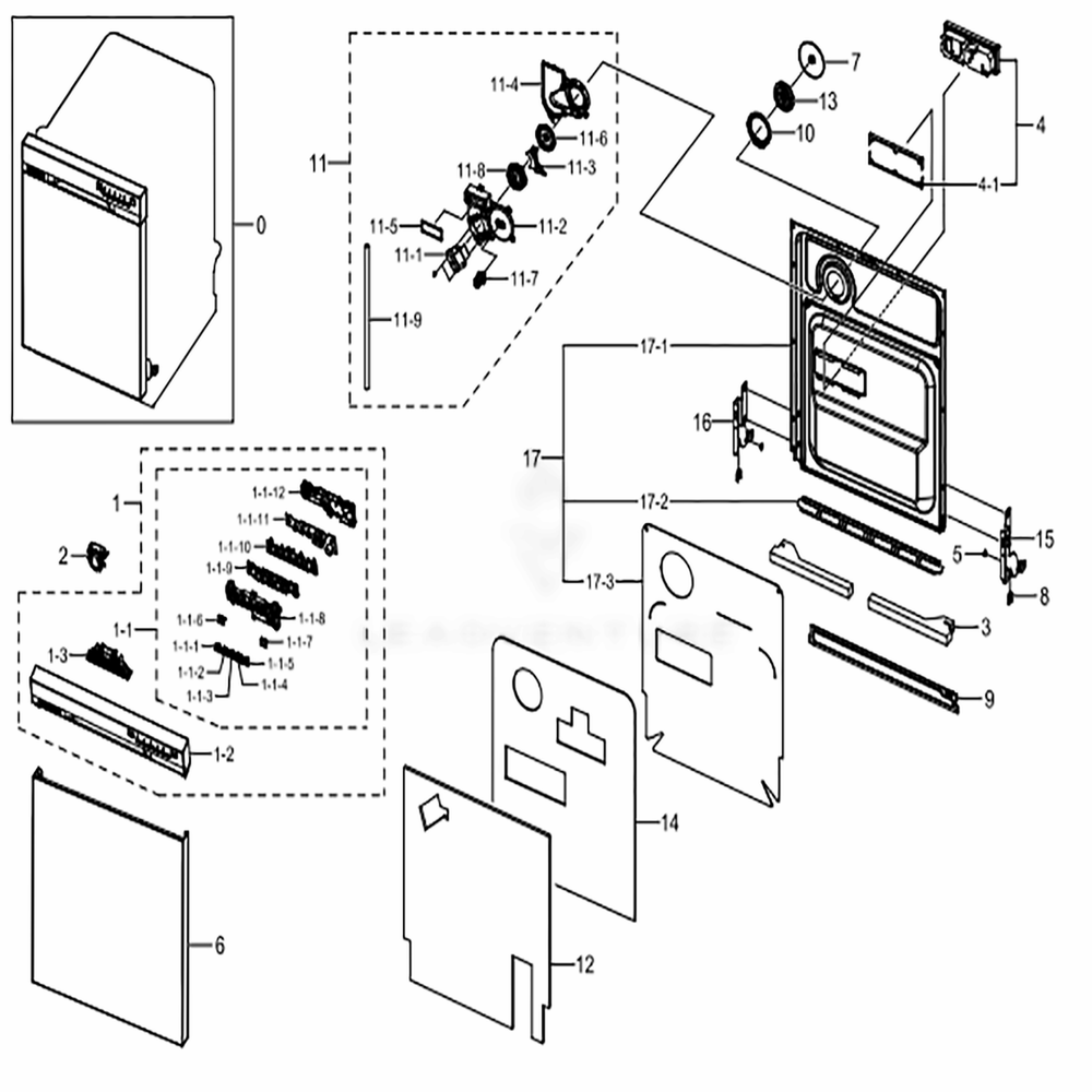 Assembly Door Diagram and Parts List for DW80J3020US (AA)(0001) Samsung Dishwasher