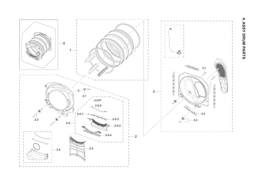 Drum Assembly Diagram and Parts List for DVE45B6300W A3-00 Samsung Dryer
