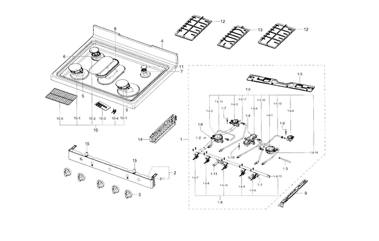 Cooktop Diagram and Parts List for NX58F5500SB AA-0001 Samsung Range