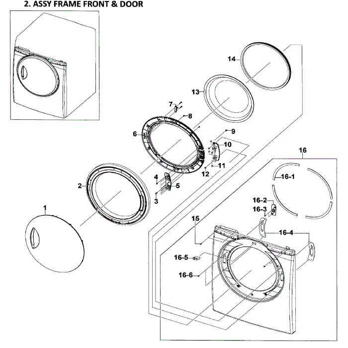 Front / Door Assembly Diagram and Parts List for DV209AEW XAA-01 Samsung Dryer