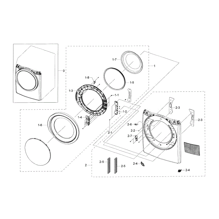 Frame Front And Door Diagram and Parts List for DV42H5600GW A3-00 Samsung Dryer