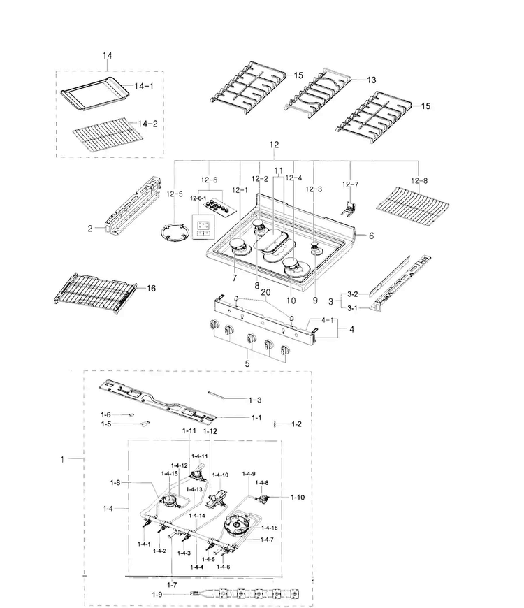 Cook Top Diagram and Parts List for NX58H5650WS AA-0000 Samsung Range