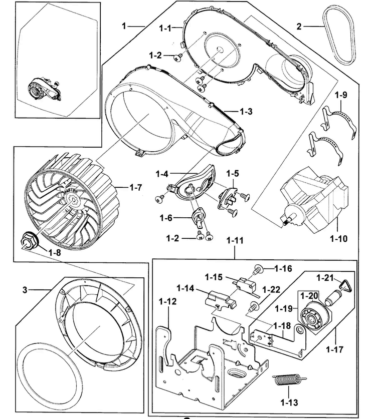 Motor Assy Diagram and Parts List for DV218AGW XAA-0000 Samsung Dryer