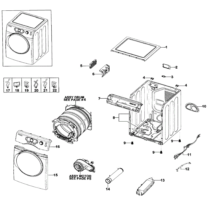 Main Assembly Diagram and Parts List for DV328AEW XAA-01 Samsung Dryer