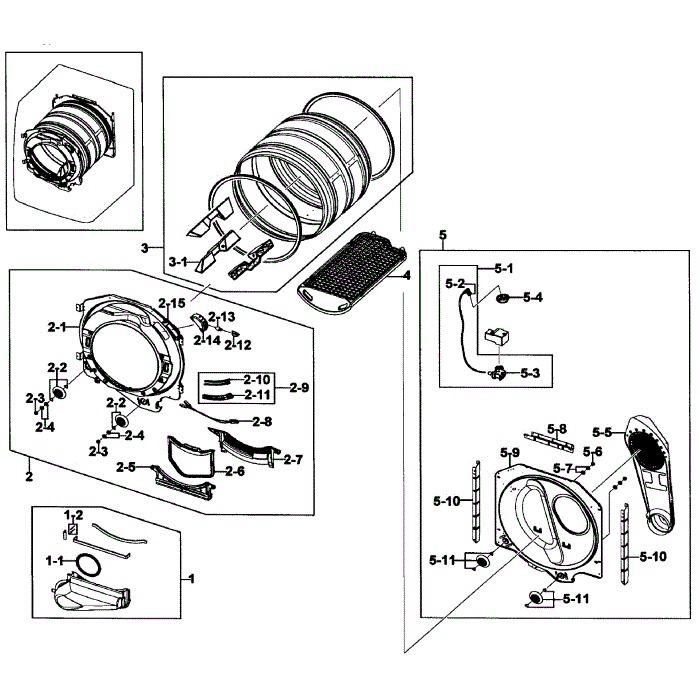 Drum Assembly Diagram and Parts List for DV419AGU XAA-01 Samsung Dryer