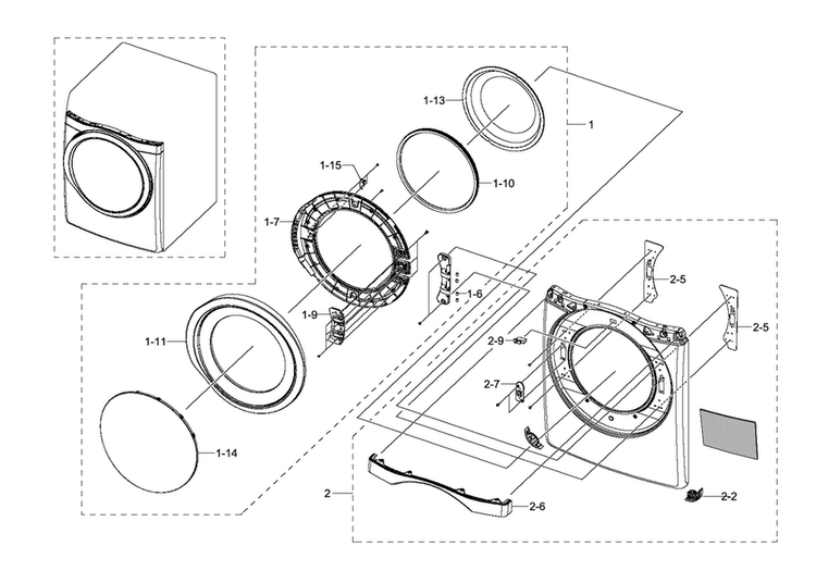 Front & Door Diagram and Parts List for DV511AGR XAA-0003 Samsung Dryer
