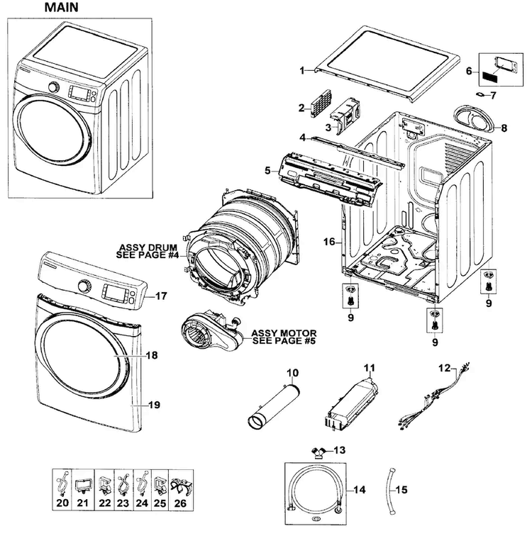 Main Assy Diagram and Parts List for DV520AEW XAA-0001 Samsung Dryer
