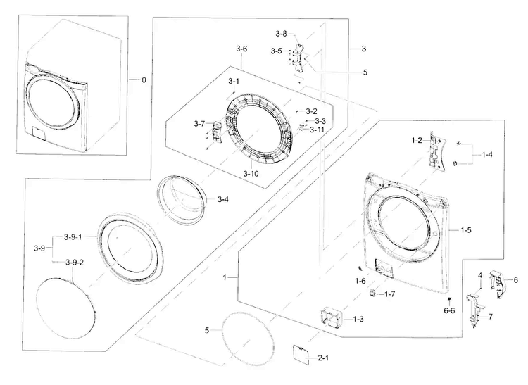 Frame Front & Door Diagram and Parts List for WF42H5000AW A2-0000 Samsung Washer