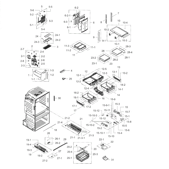 Fridge Diagram and Parts List for RF28HMELBSR AA-05 Samsung Refrigerator