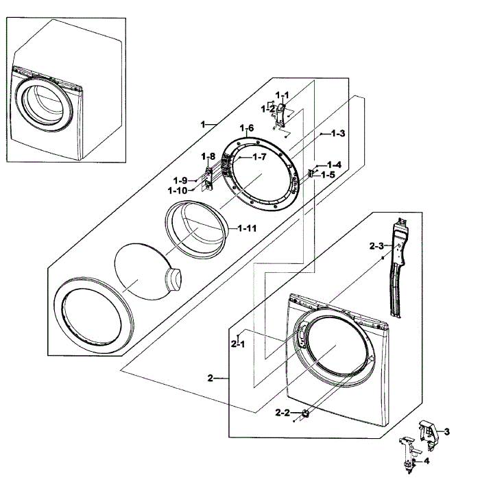Front / Door Assembly Diagram and Parts List for WF206BNW XAA-00 Samsung Washer