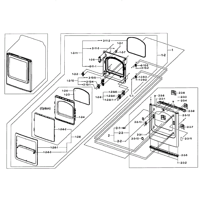 Front / Door Assembly Diagram and Parts List for DV50F9A8EVP A2-01 Samsung Dryer