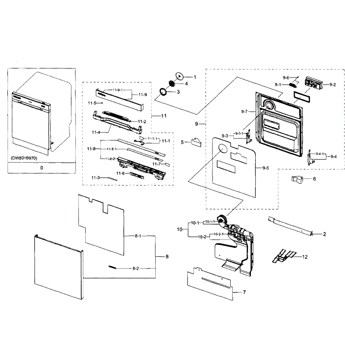 Door Diagram and Parts List for DW80H9970US AA-01 Samsung Dishwasher