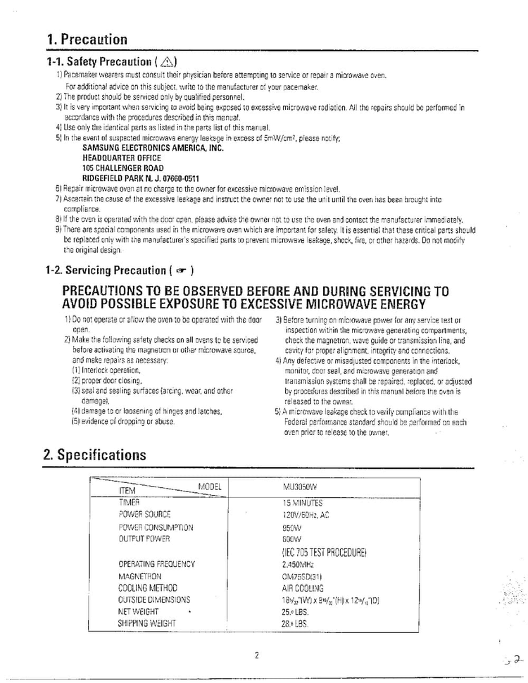 Precaution Diagram and Parts List for MU3050W XAA Samsung Microwave