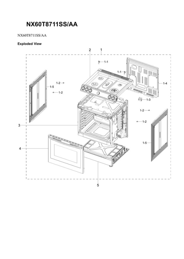 Main Assembly Diagram and Parts List for NX60T8711SS AA-02 Samsung Range
