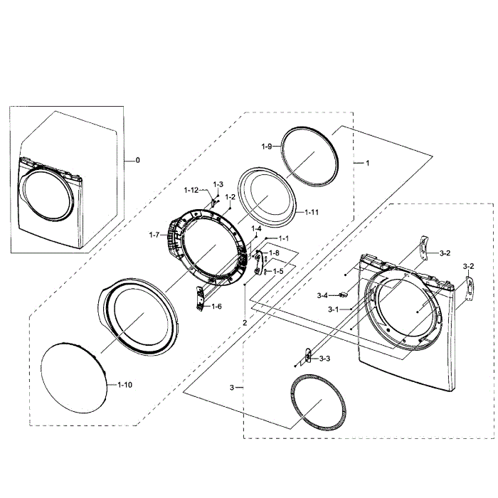 Frame Front And Door Diagram and Parts List for DV331AER XAA-03 Samsung Dryer