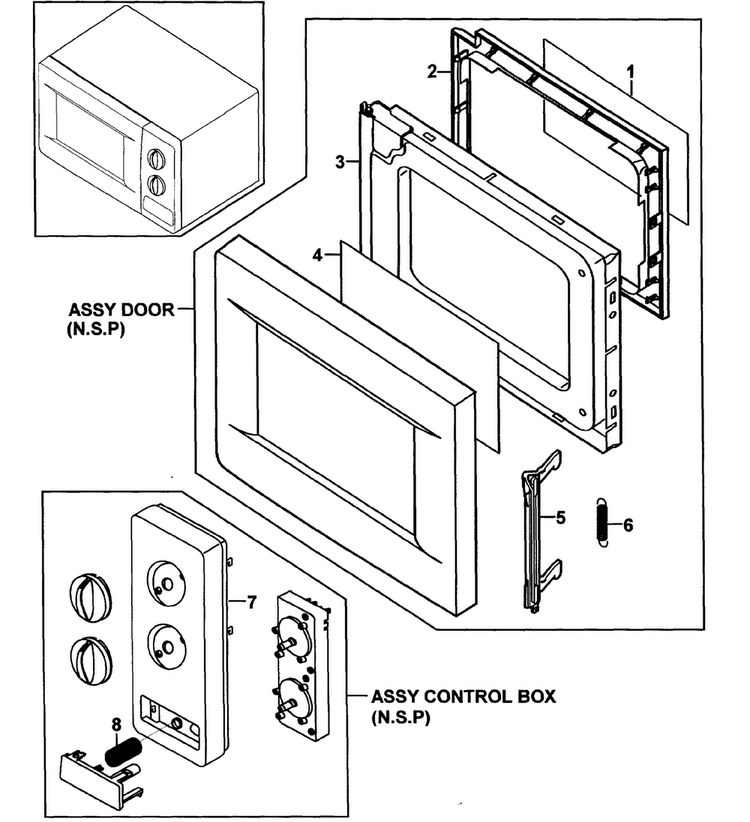 Door Parts Diagram and Parts List for MW620WA XAA-0000 Samsung Microwave